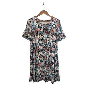 Ann Taylor Loft Black Floral Print Smocked Sleeve A Line Swing Dress Size Small
